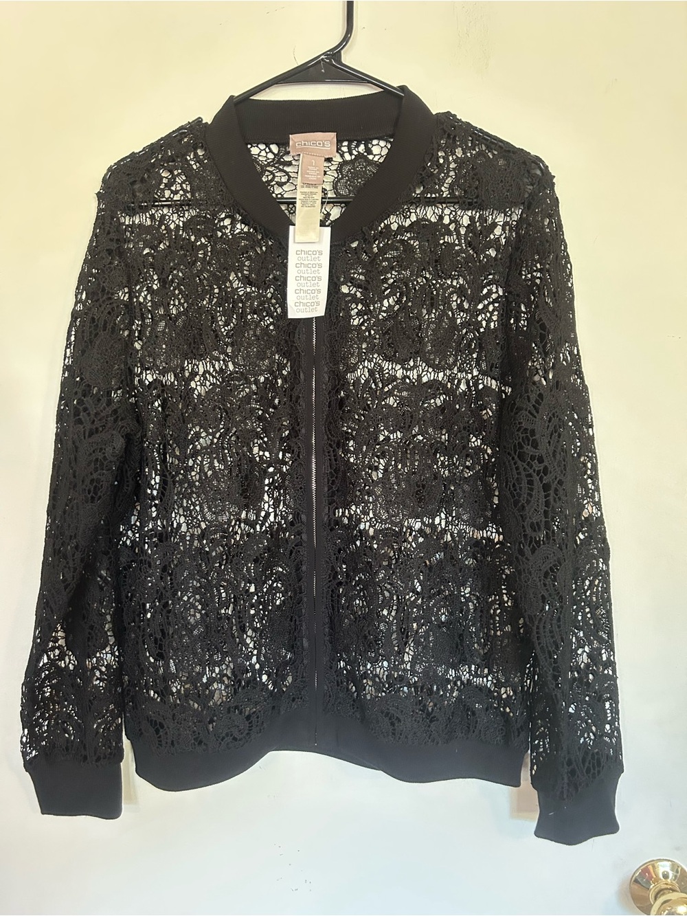 Chicos Floral Lace Bomber Jacket Size 1 (Med) Black Full Zip Goth,Floral,witchy